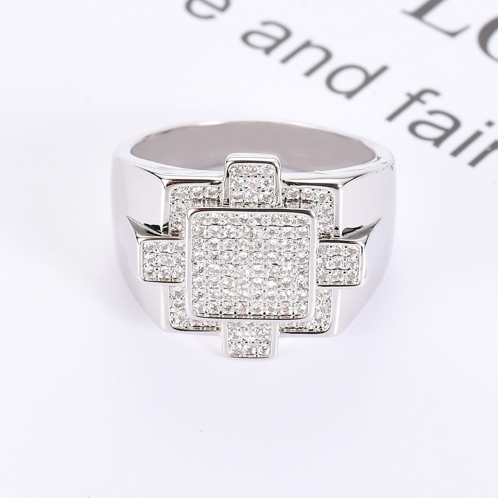 Hip Hop Geometric Cubic Zirconia Ring for Men