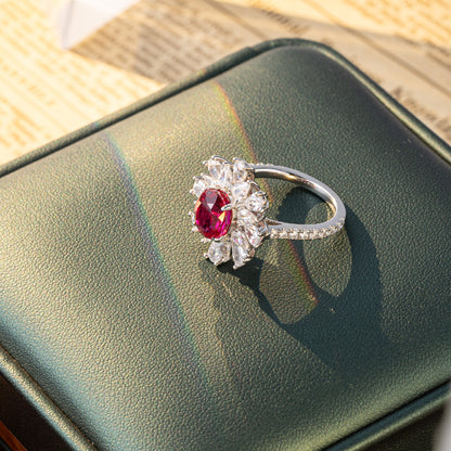 Lab-Grown Ruby Halo Ring for Women, Oval Red Gemstone Floral Ring