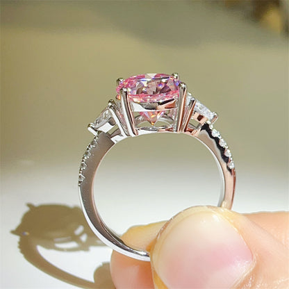 Pink Oval Moissanite Ring for Women, 5 Carat Three-Stone Engagement Ring with Side Accents
