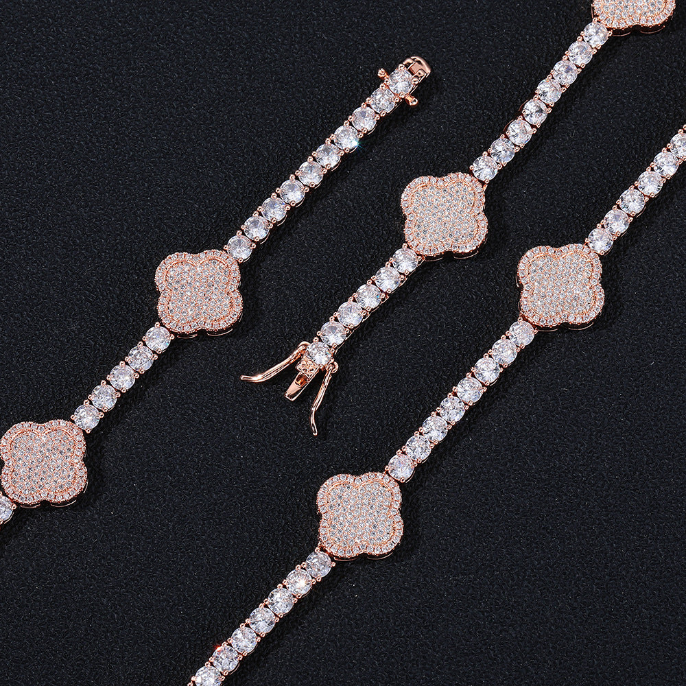Clover Cubic Zirconia Tennis Chain Bracelet & Necklace Set, Hip Hop Pendant Jewelry product image