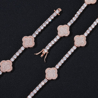 Clover Cubic Zirconia Tennis Chain Bracelet & Necklace Set, Hip Hop Pendant Jewelry