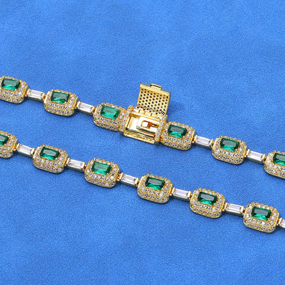 Green Rectangular Halo CZ Link Hip Hop Bracelet with Copper Base - CHA310