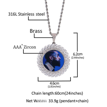 Custom Wheat Leaf Photo Pendant Necklace with Cubic Zirconia Twisted Chain for Women and Men