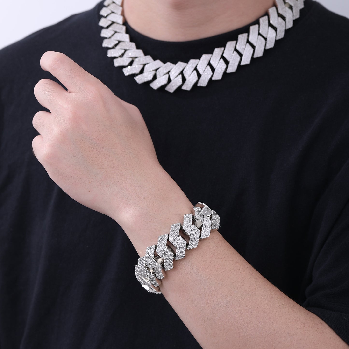 25mm Iced Cuban Link Chain Bracelet & Necklace Set, Geometric Zirconia Unisex Jewelry