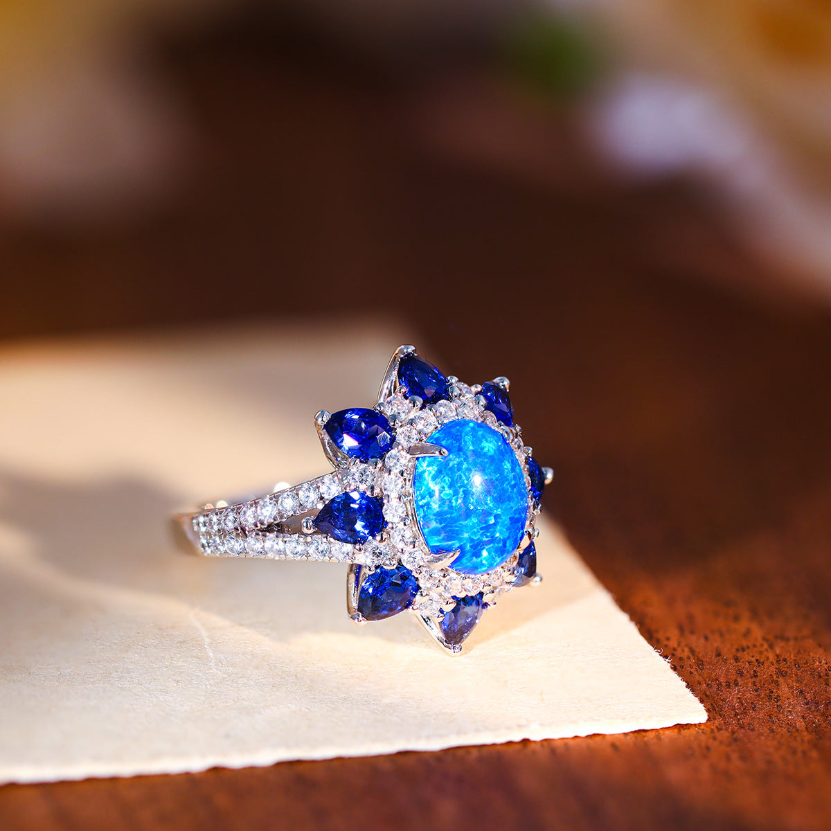 Blue Opal Halo Ring for Women, S925 Silver, 18K Gold Plated Sapphire Accent Ring product image