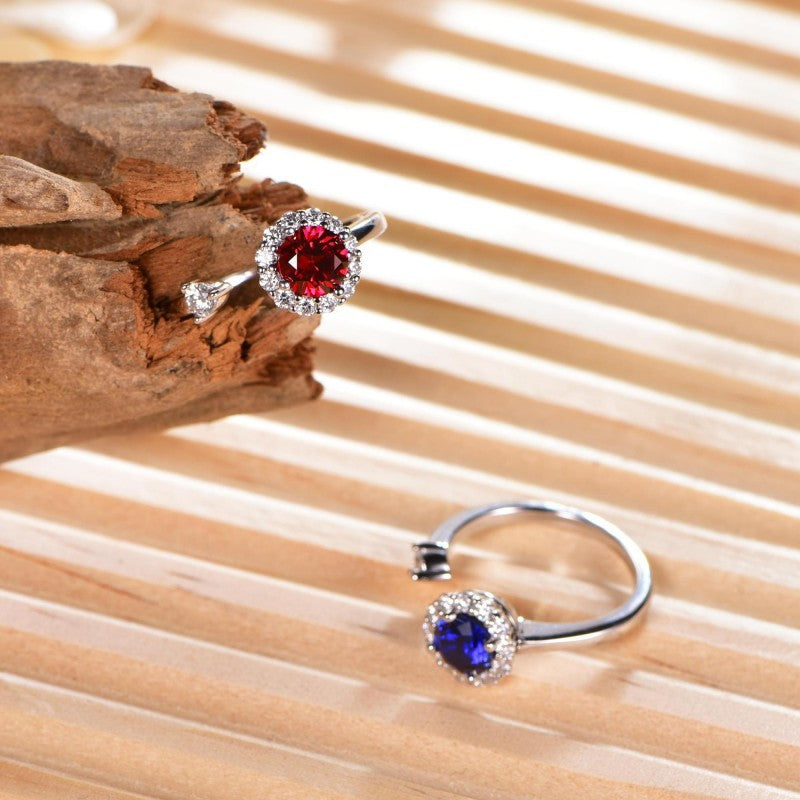 Open Halo Moissanite Ring with Round Blue or Red Center Stone, Adjustable Wrap Ring for Women product image