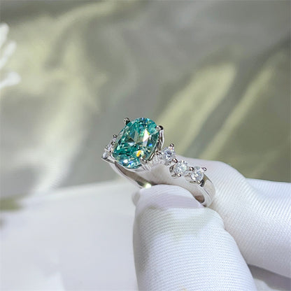Green Moissanite Ring for Women, Oval 2 Carat Style U-Shape S925 Ring, Engagement Promise Ring
