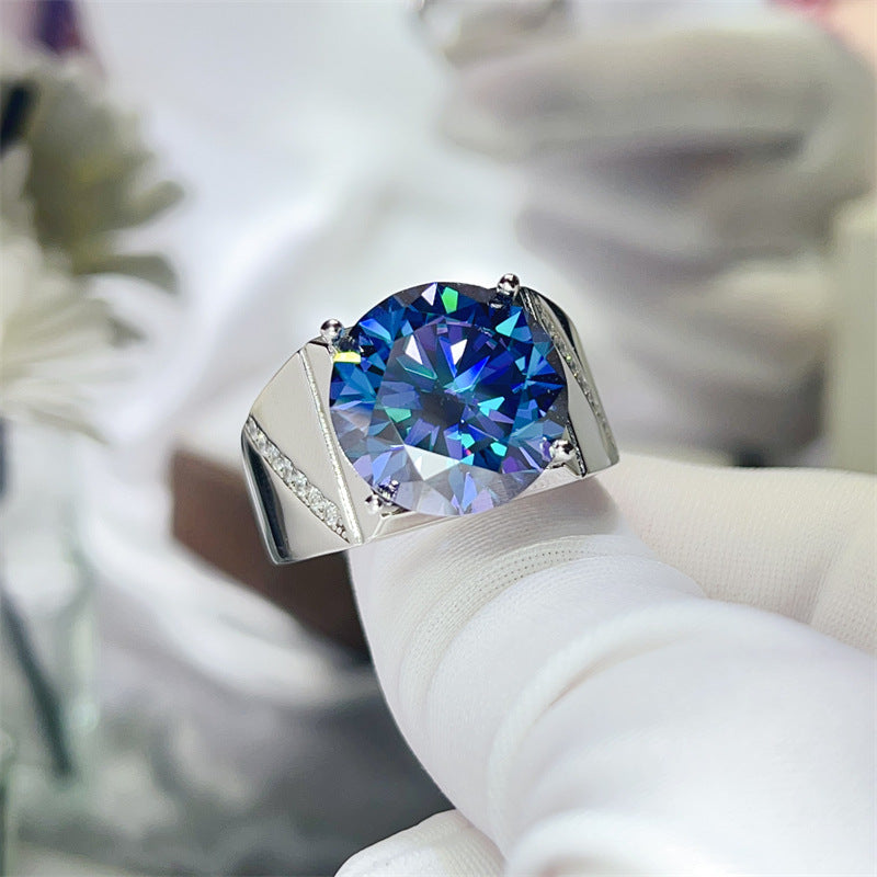 Men’s Blue Moissanite Ring Oversized Round Statement Ring with Side Accents product image