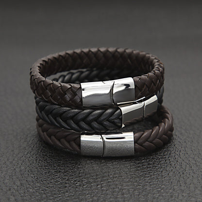 Braided Leather Bracelet for Men and Women – Trendy Statement Cuff Bangle with Magnetic Clasp