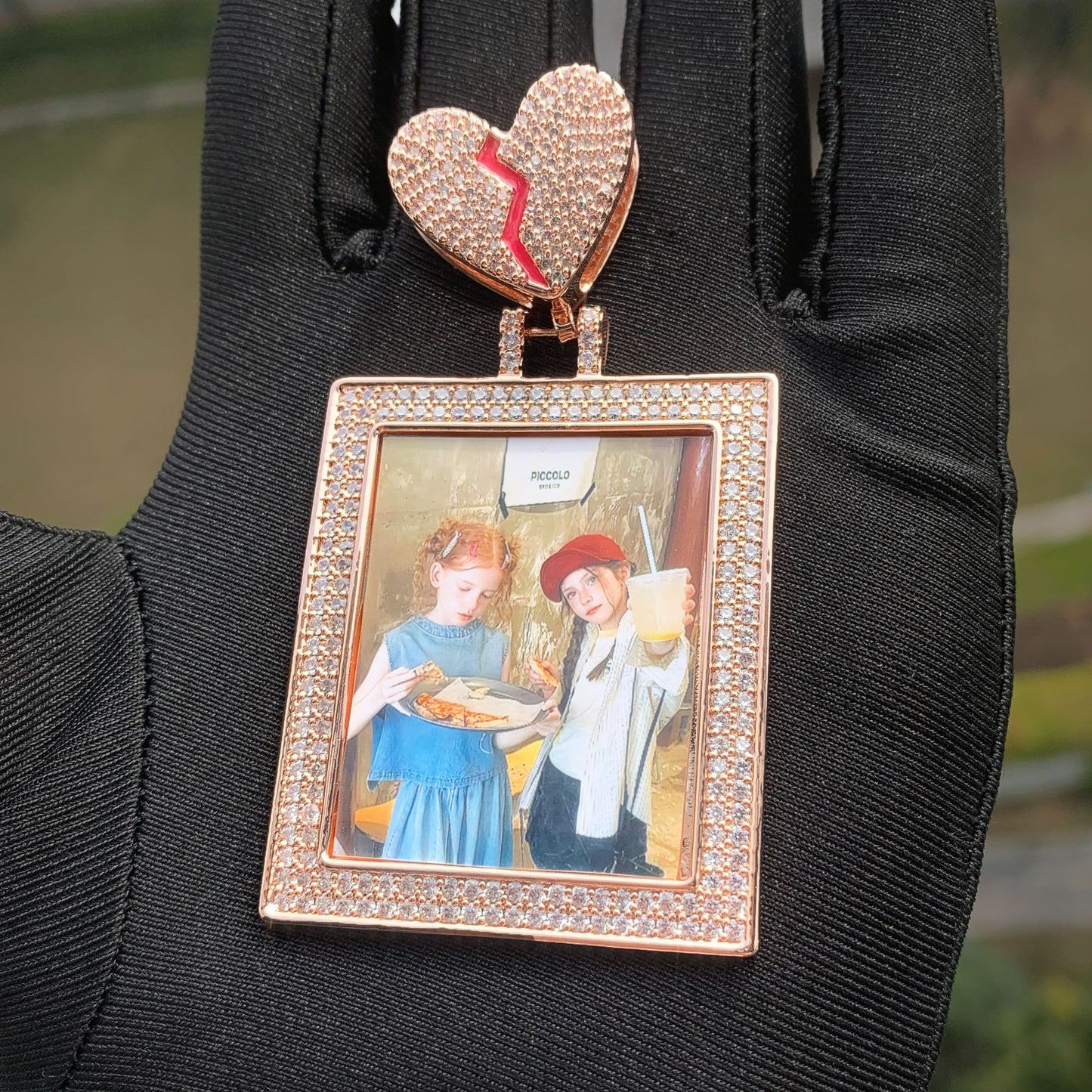 Iced Out Heart Photo Frame Pendant Necklace Unisex Hip Hop Jewelry