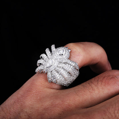 Iced Out Spider Ring for Men and Women, Zirconia Hip Hop Statement Band, White Tone Animal Ring Size 8-12