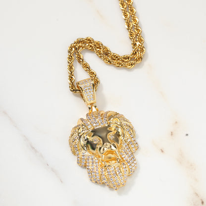 Men’s Lion Head Pendant Necklace with Cubic Zirconia Twist Chain in Gold Plated or Silver Plated