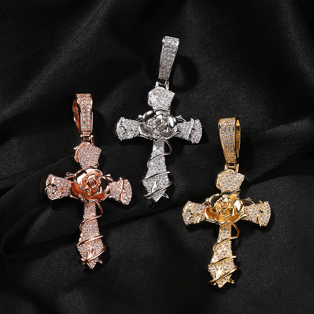 Rose Cross Pendant Necklace with Cubic Zirconia Twist Chain for Women product image