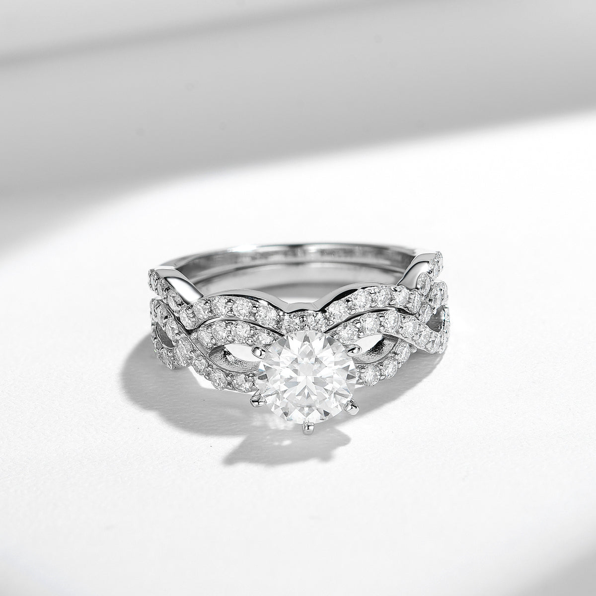 Round Moissanite Solitaire Wave Stackable Engagement Ring Set product image