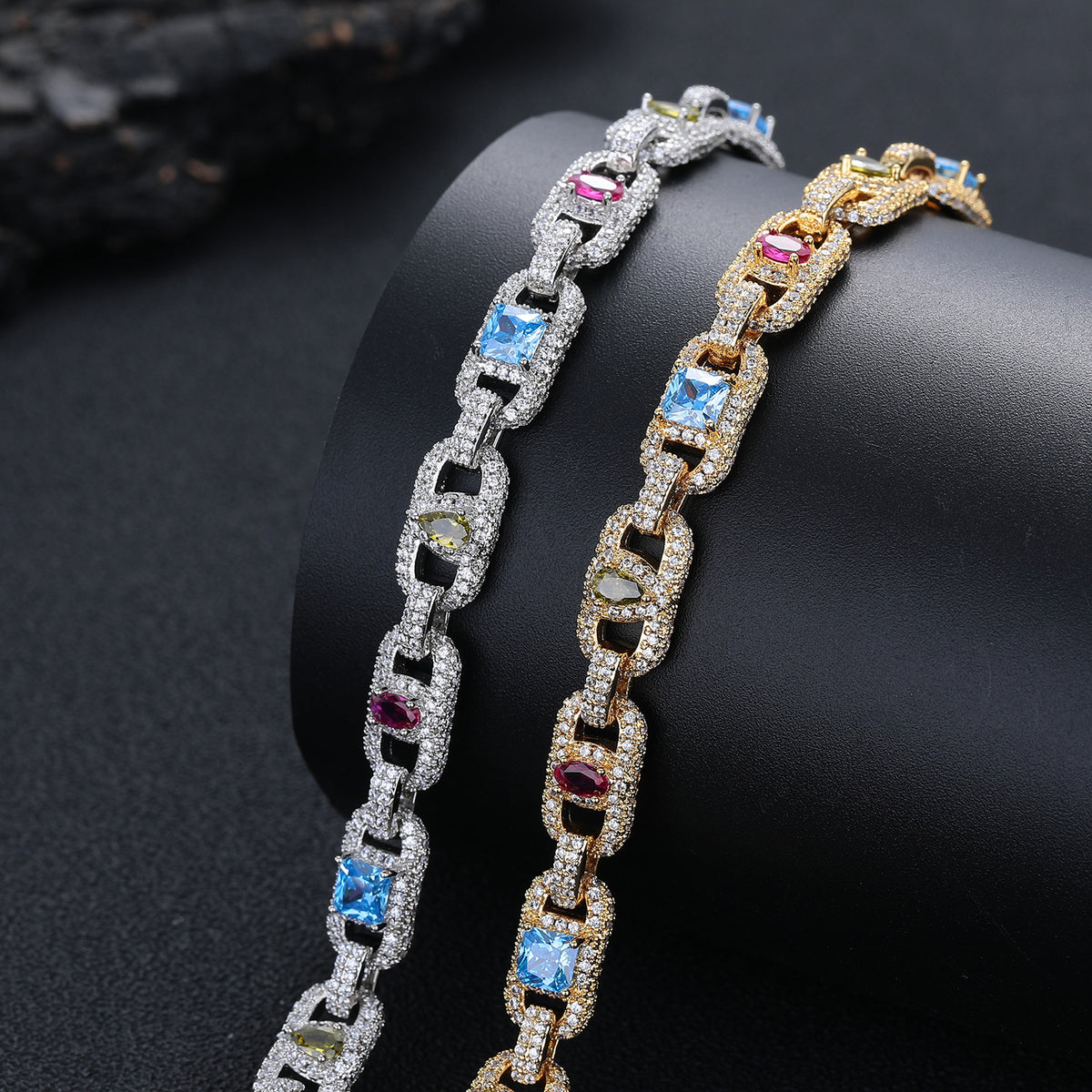 Multicolor Cubic Zirconia Geometric Link Chain Pendant Necklace, Asymmetric Iced-Out Unisex Statement Jewelry product image