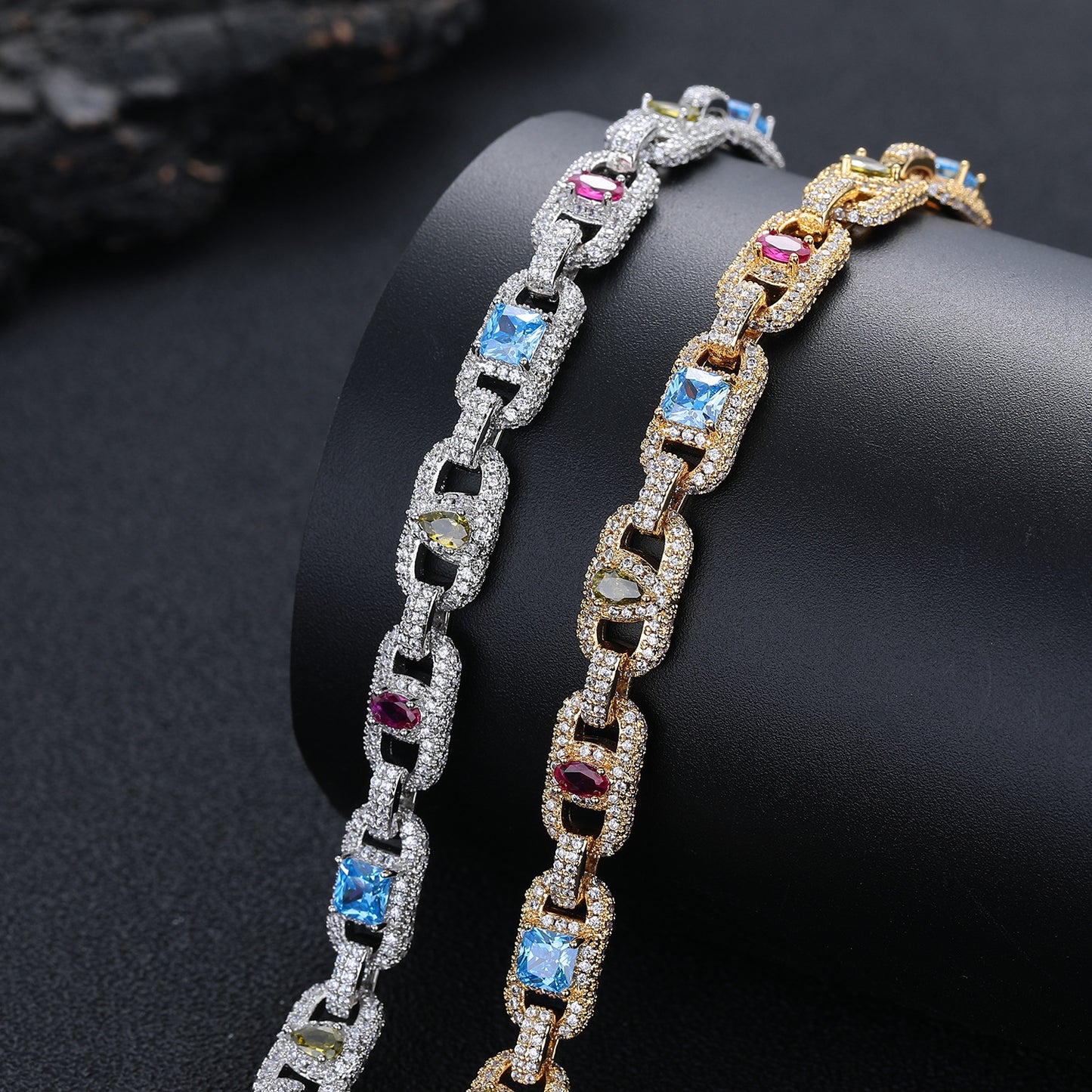 Multicolor Zircon Geometric Link Chain Pendant Necklace, Asymmetric Iced-Out Unisex Statement Jewelry