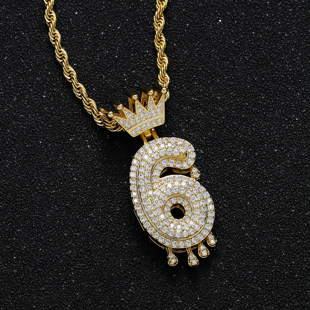Hip Hop Crown Number Teardrop Cubic Zirconia Pendant Necklace for Men and Women