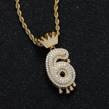 Hip Hop Crown Number Teardrop Cubic Zirconia Pendant Necklace for Men and Women