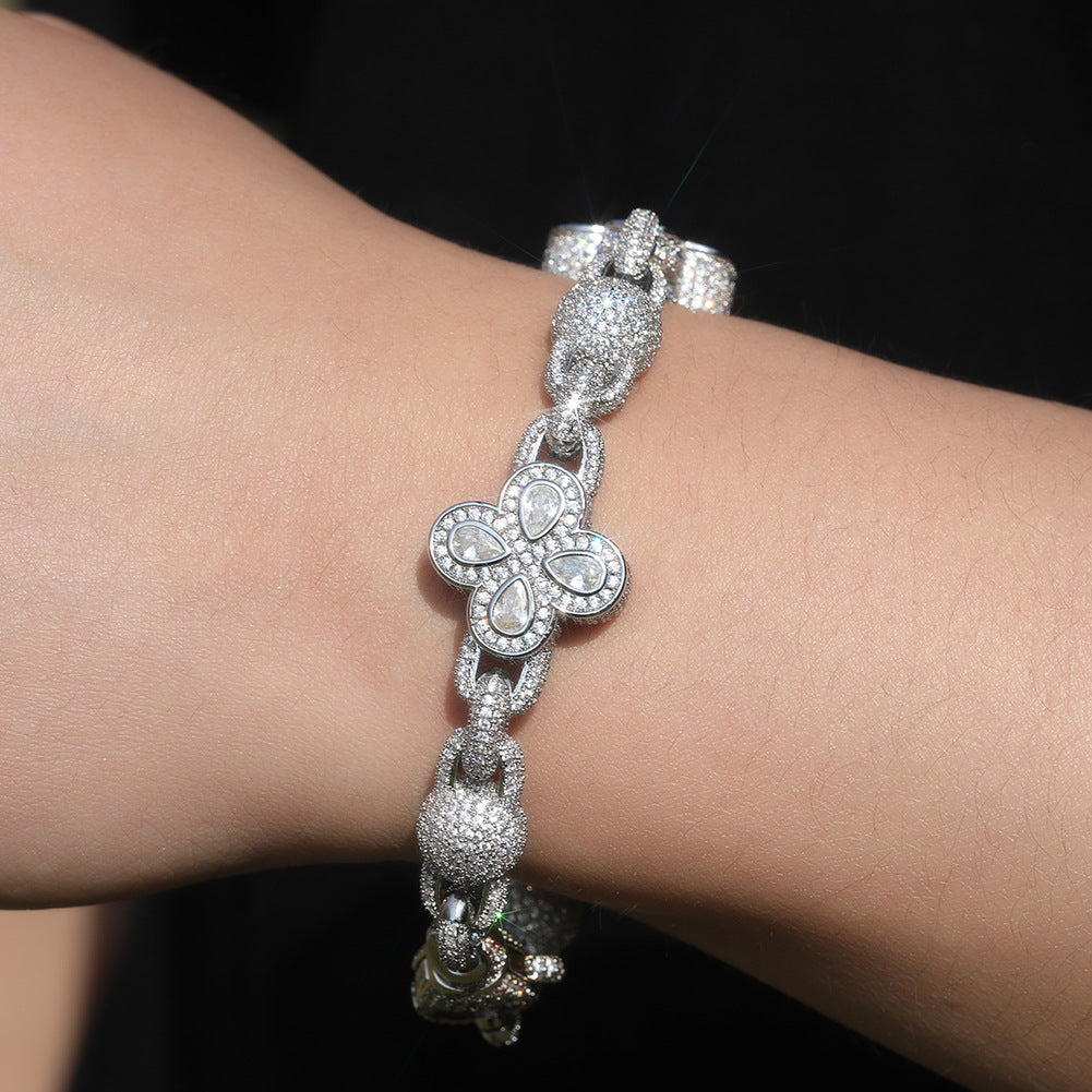 Iced Four-Leaf Clover Cubic Zirconia Chain Necklace Bracelet Set for Women & Men, Gold Plated and Silver Plated Statement Jewelry