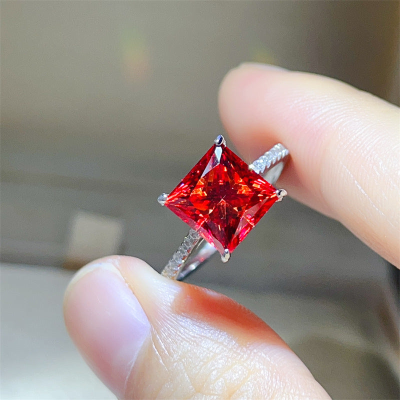 Red Princess Cut Moissanite Ring for Women, Pave Band Engagement Ring, 1 Carat 2 Carat 3 Carat 5 Carat product image