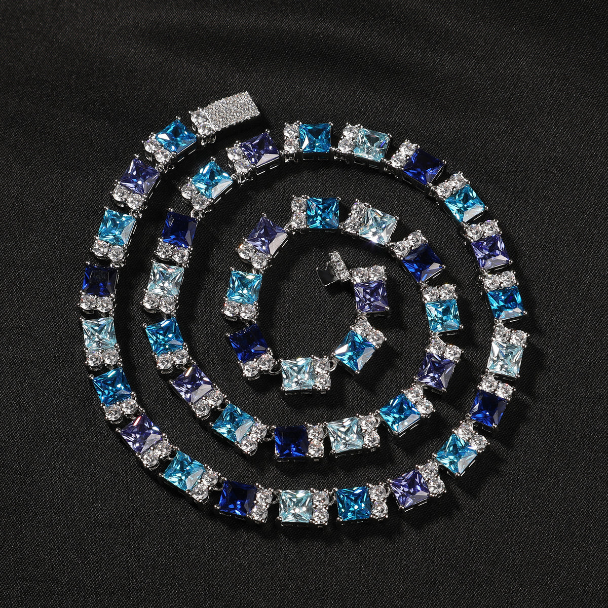 Unisex Hip Hop Square Cubic Zirconia Tennis Necklace Chain Pendant Style in Blue & Clear, 18 Inch / 20 Inch product image