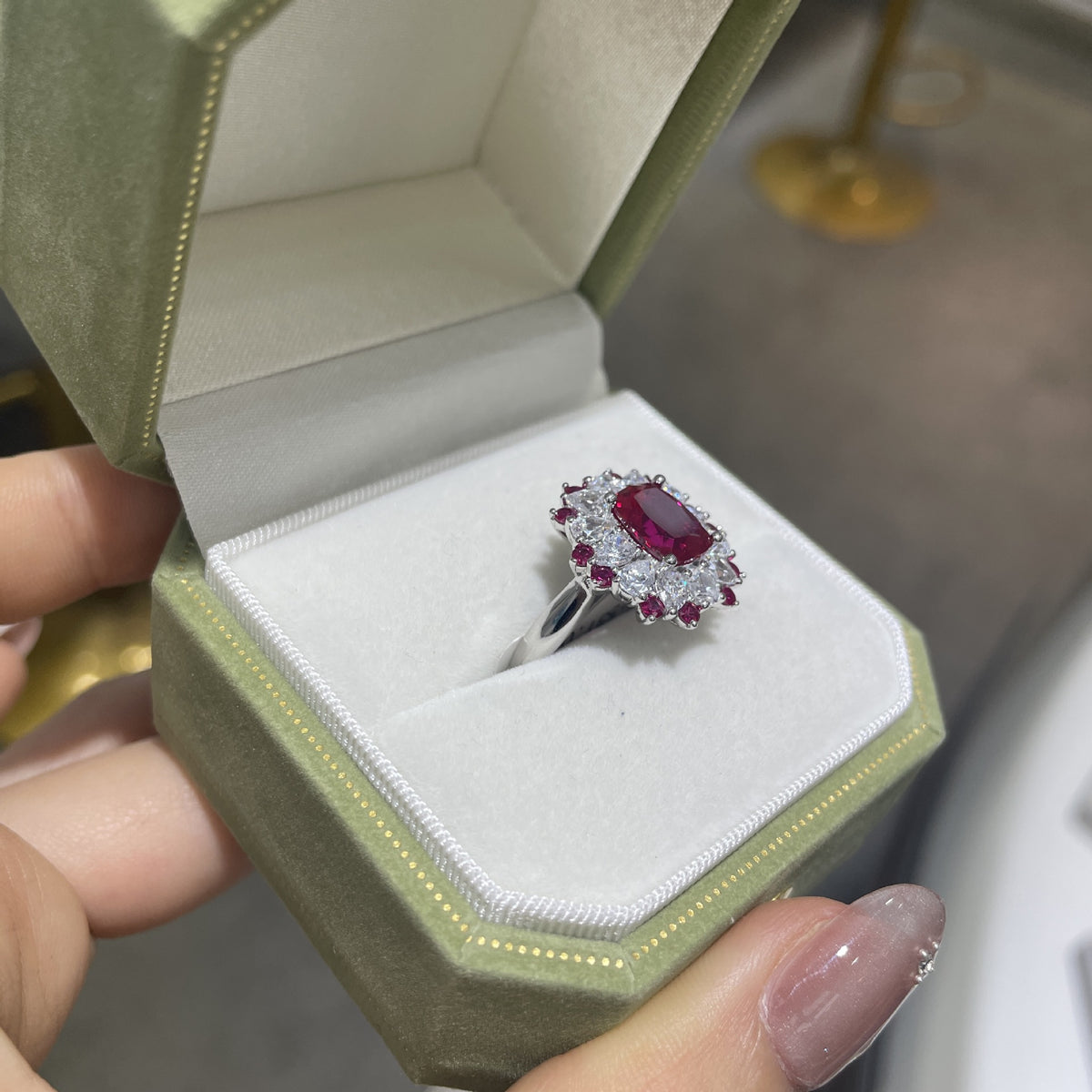 S925 Sterling Silver Red Cushion-Cut Halo Cocktail Ring for Women product image
