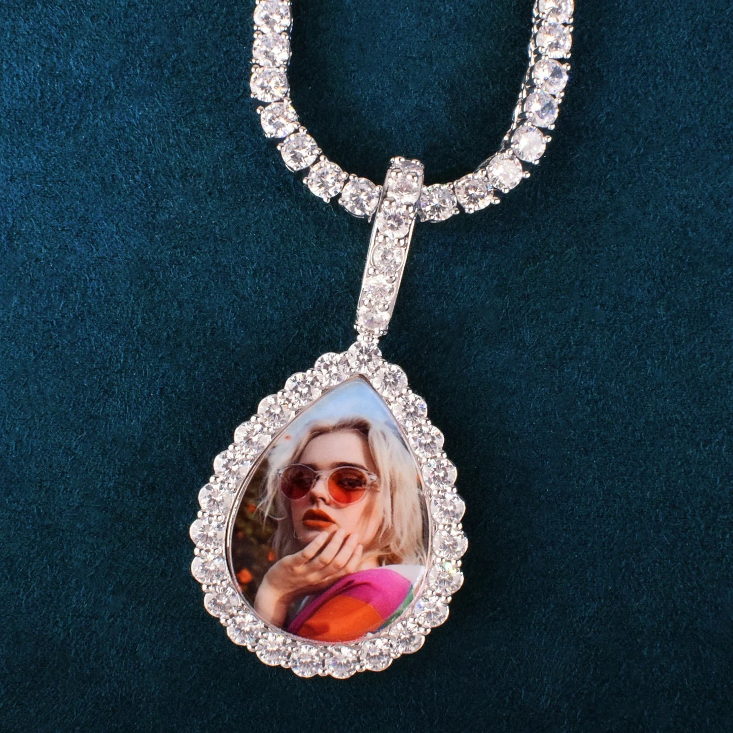 Unisex Iced Teardrop Photo Pendant Necklace