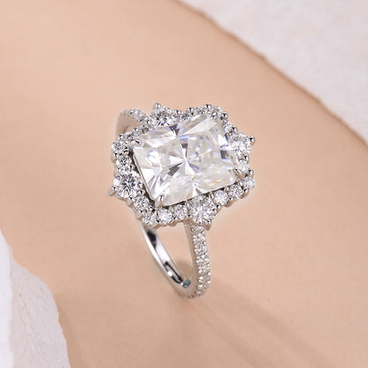 Radiant Cut Moissanite Halo Ring, 8x10 925 Sterling Silver Engagement Ring