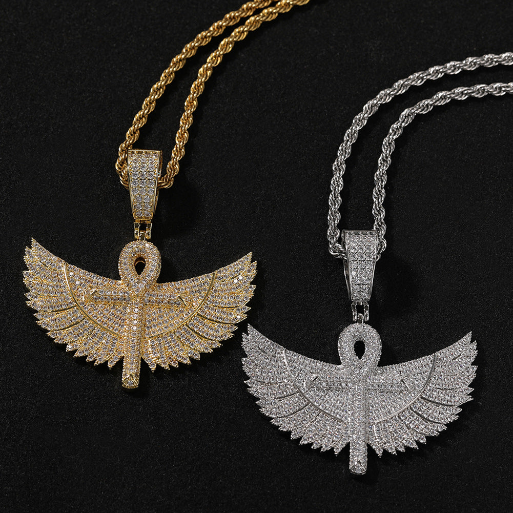 Iced Wing Cross Pendant Necklace with Cubic Zirconia Twist Chain for Women and Men