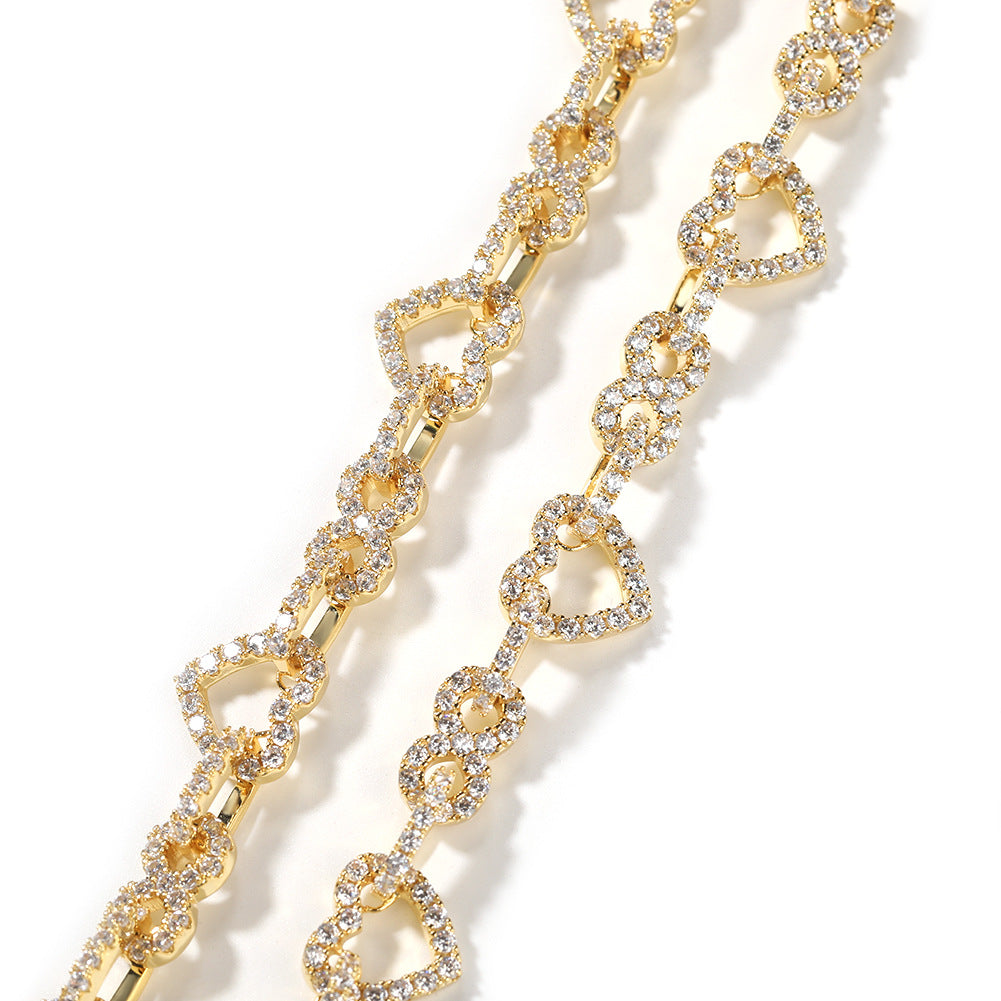 Heart Link Cubic Zirconia Chain Necklace Bracelet for Women & Men, Gold or Silver Color Statement Jewelry