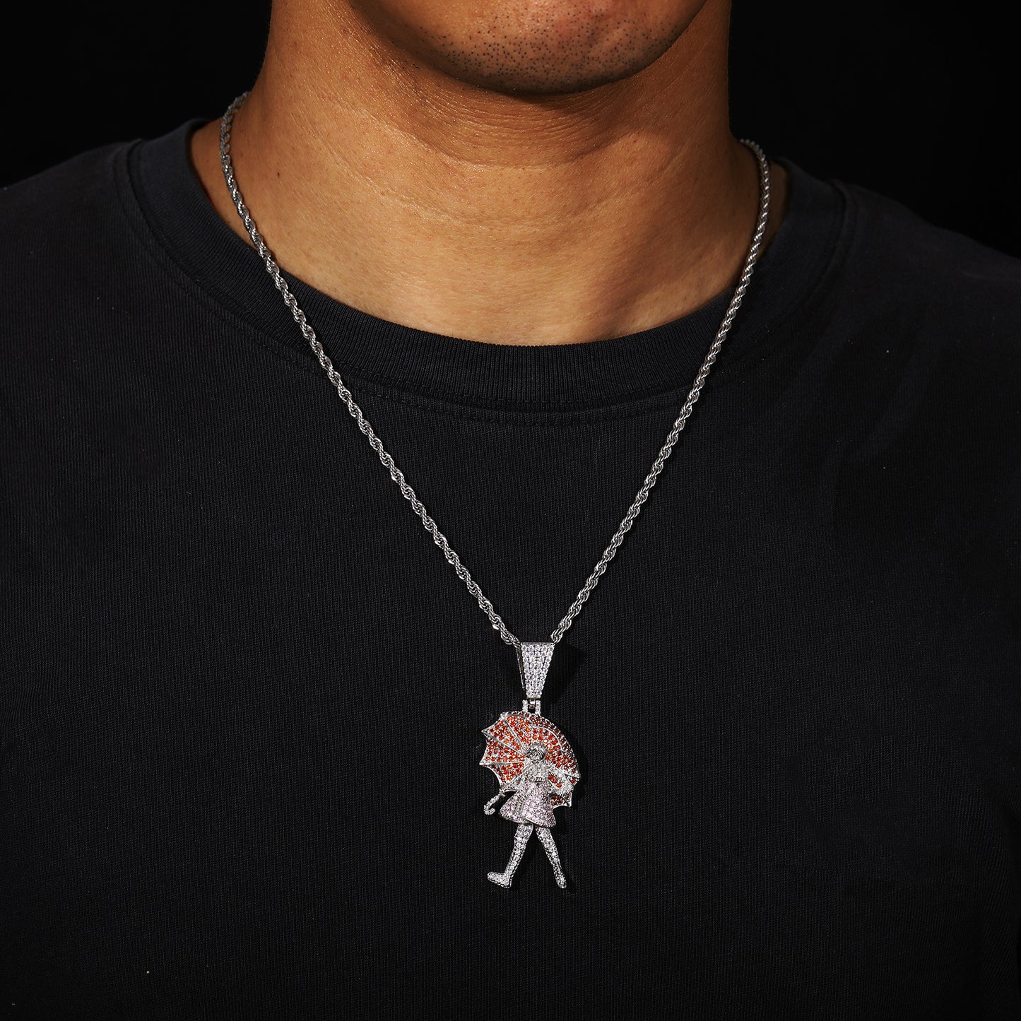 Iced Out Cartoon Girl Umbrella Pendant Necklace for Men and Women - Copper Cubic Zirconia Hip Hop Rope Chain product image