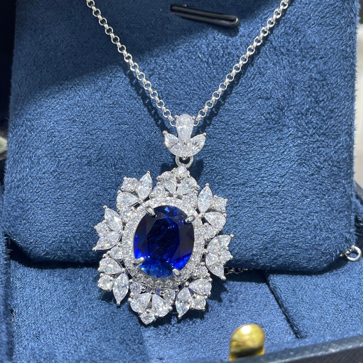 S925 Sterling Silver Lab-Created Blue Sapphire Necklace and Earrings Set, Floral Halo Jewelry for Women product image