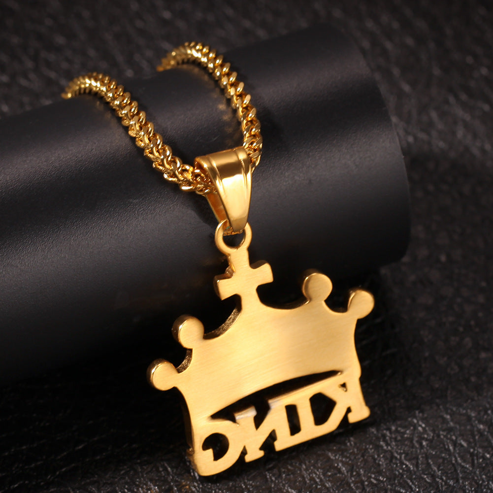 King Crown Letter Pendant Necklace for Men & Women – Gold Plated or Silver Plated Stainless Steel Chain Necklace with Cubic Zirconia