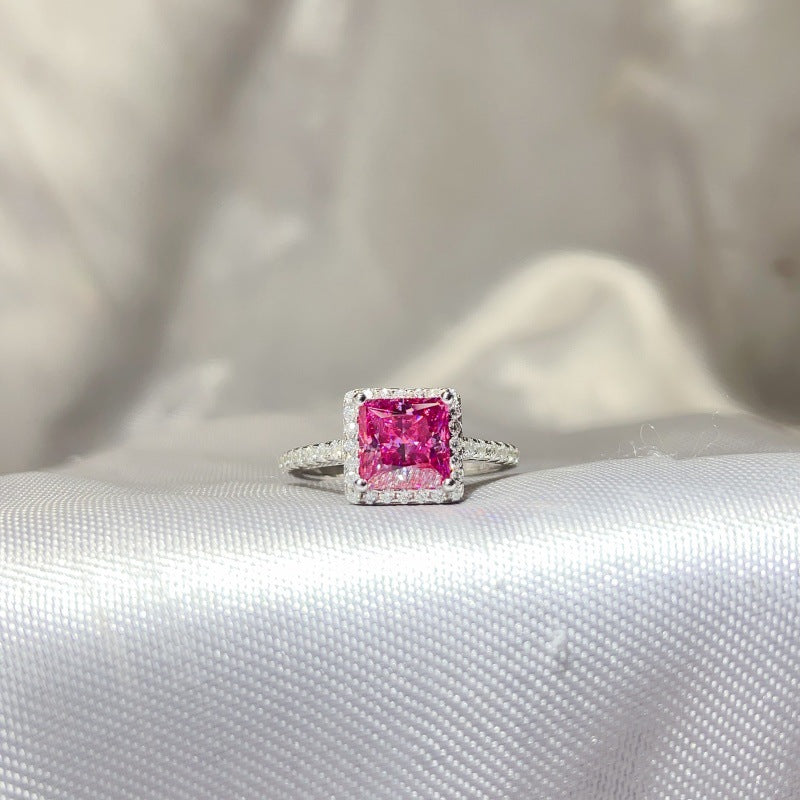 Princess Cut Halo Moissanite Ring for Women, Pink or Blue Engagement Ring, S925 Polished Statement Ring product image