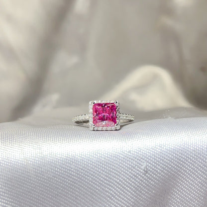 Princess Cut Halo Moissanite Ring for Women, Pink or Blue Engagement Ring, S925 Polished Statement Ring