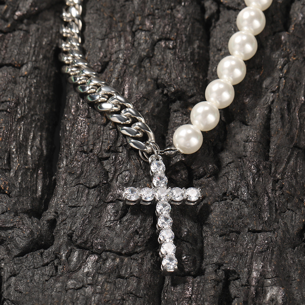 Unisex Pearl Chain Cross Pendant Necklace in Stainless Steel product image