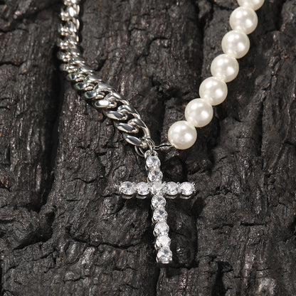 Unisex Pearl Chain Cross Pendant Necklace in Stainless Steel