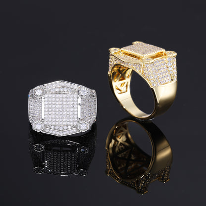 Unisex Iced Out Geometric Square Ring with Cubic Zirconia in White Gold Tone