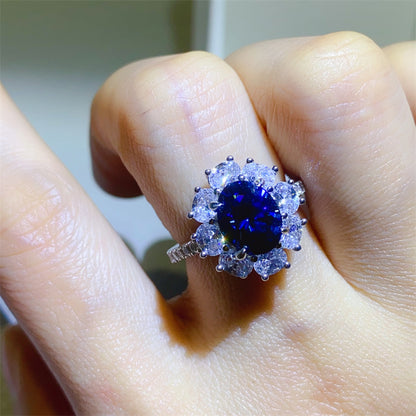 Blue Moissanite Halo Ring for Women, Oval Statement Engagement Ring, Promise Ring Gift