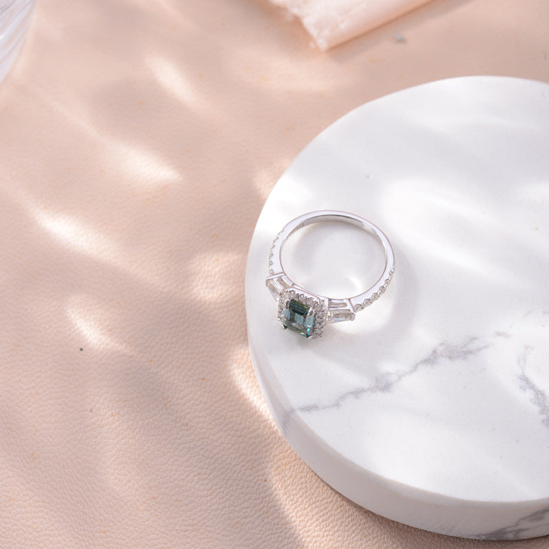 Emerald-Cut Green Moissanite Halo Ring for Women, 18K Gold-Plated Ring product image