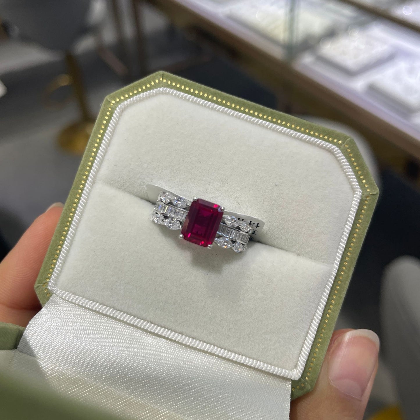 18K Gold Plated Colored Stone Ring for Women, S925 Silver Halo Ring with Rectangular Lab-Grown Center Stone product image