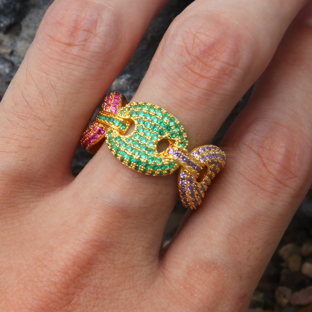 Unisex Hip Hop Round Cubic Zirconia Ring in Gold or Silver Tone