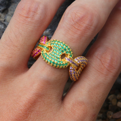 Unisex Hip Hop Round Cubic Zirconia Ring in Gold or Silver Tone