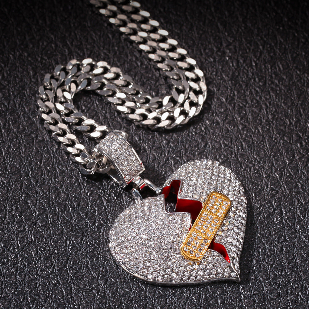 Iced Broken Heart Pendant Necklace with 24 Inch Stainless Steel Rope Chain for Women and Men