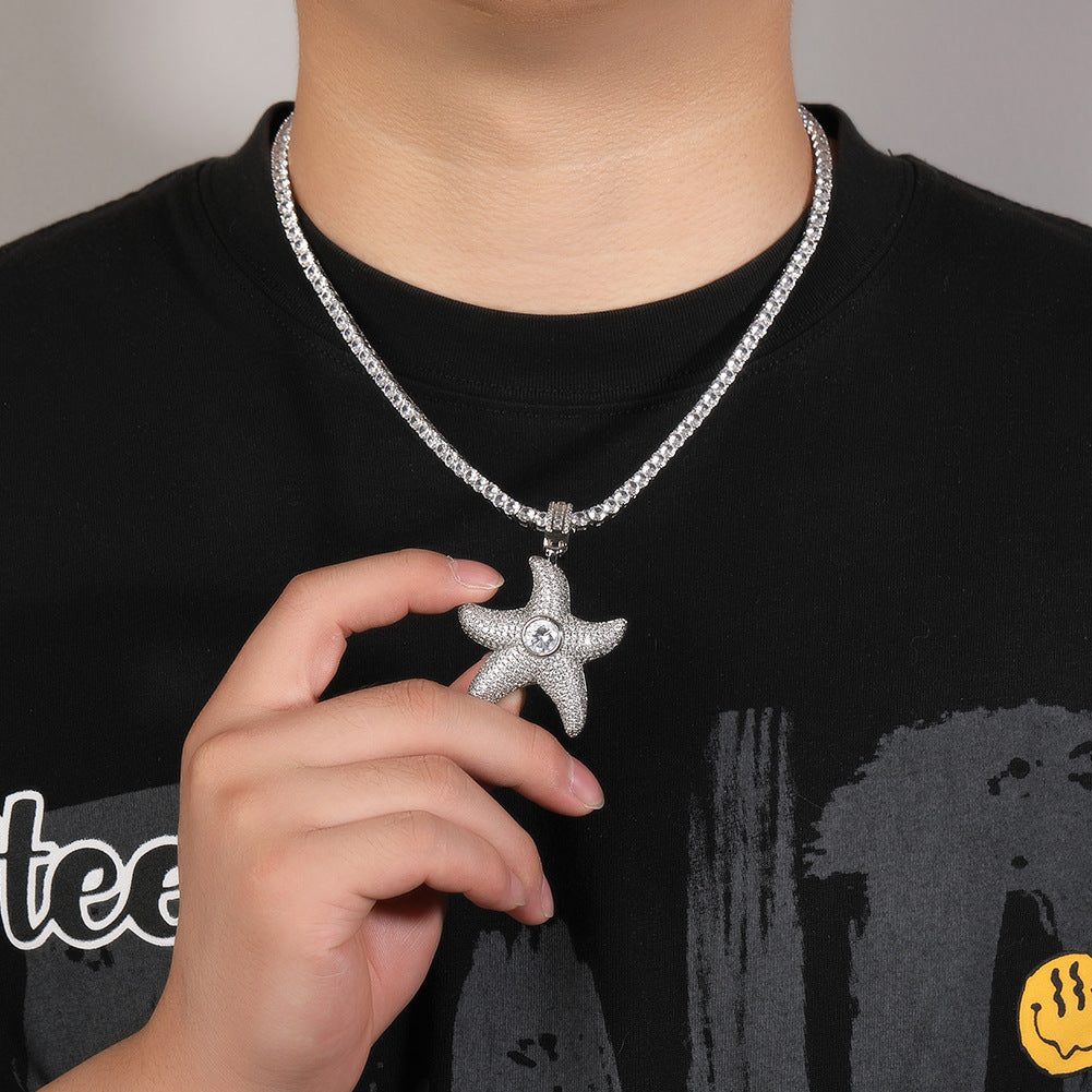 Iced Starfish Pendant Necklace with Twist Chain for Women & Men - Gold, Silver, Rose Gold Hip Hop Statement Jewelry