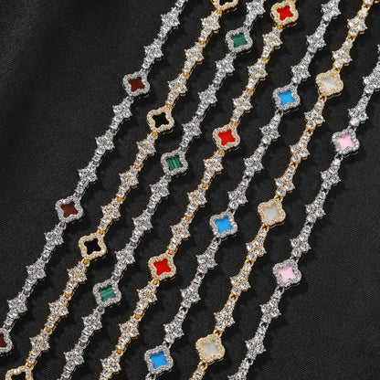 Unisex Clover Cubic Zirconia Bracelet in Gold & Silver Tones - Hip Hop Statement Chain Bracelet