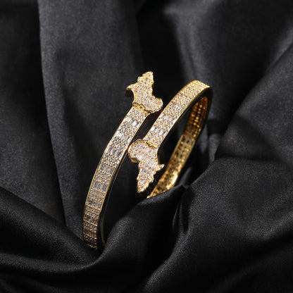 Cubic Zirconia Map Cuff Bracelet for Women - Gold Plated & Silver Plated Hip Hop Statement Bangle