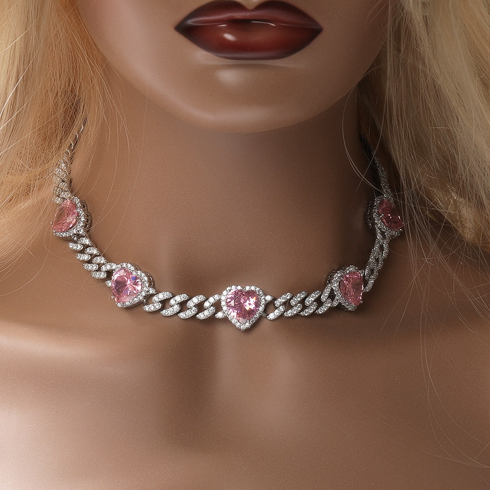 Iced Heart Cuban Link Necklace Bracelet with Pink Cubic Zirconia Pendant for Women & Men