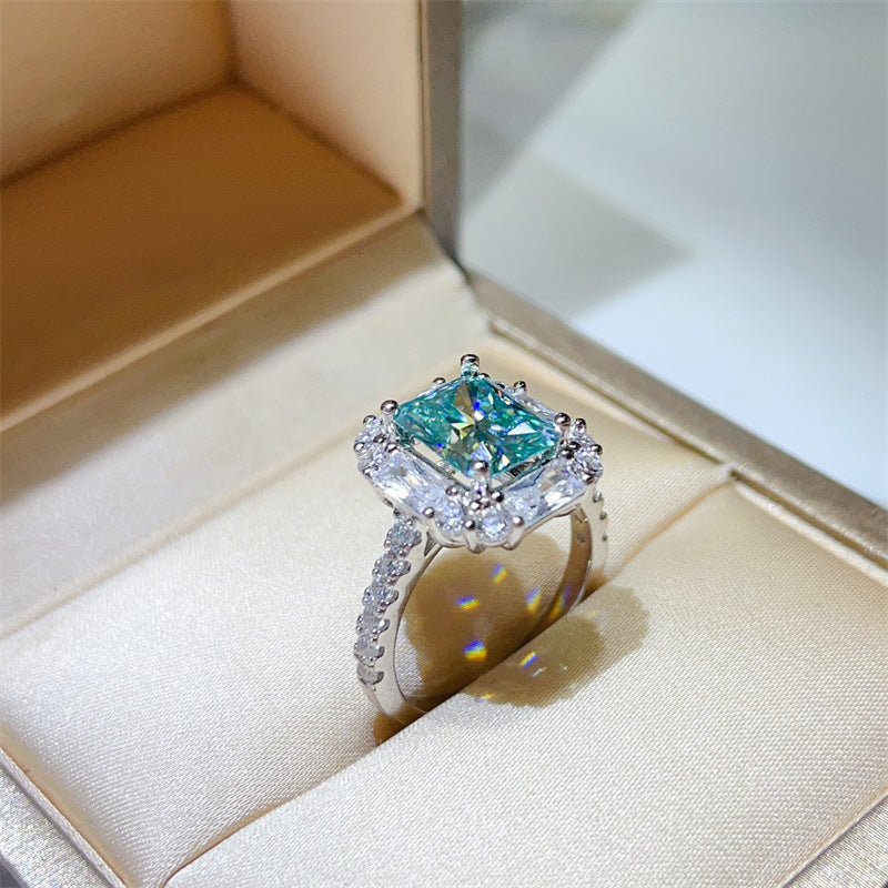 3 Carat Green Radiant Cut Moissanite Halo Ring for Women, Geometric Engagement Ring, Rectangular Statement Ring product image