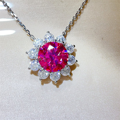 15 Carat Moissanite Flower Pendant Necklace for Women, Color Halo Statement Chain Necklace